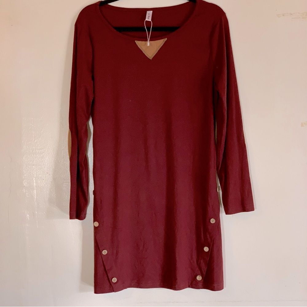 Leo Rosi Dress / Tunic Patched Elbows Wood Buttons Stretch Sz Small NWOT